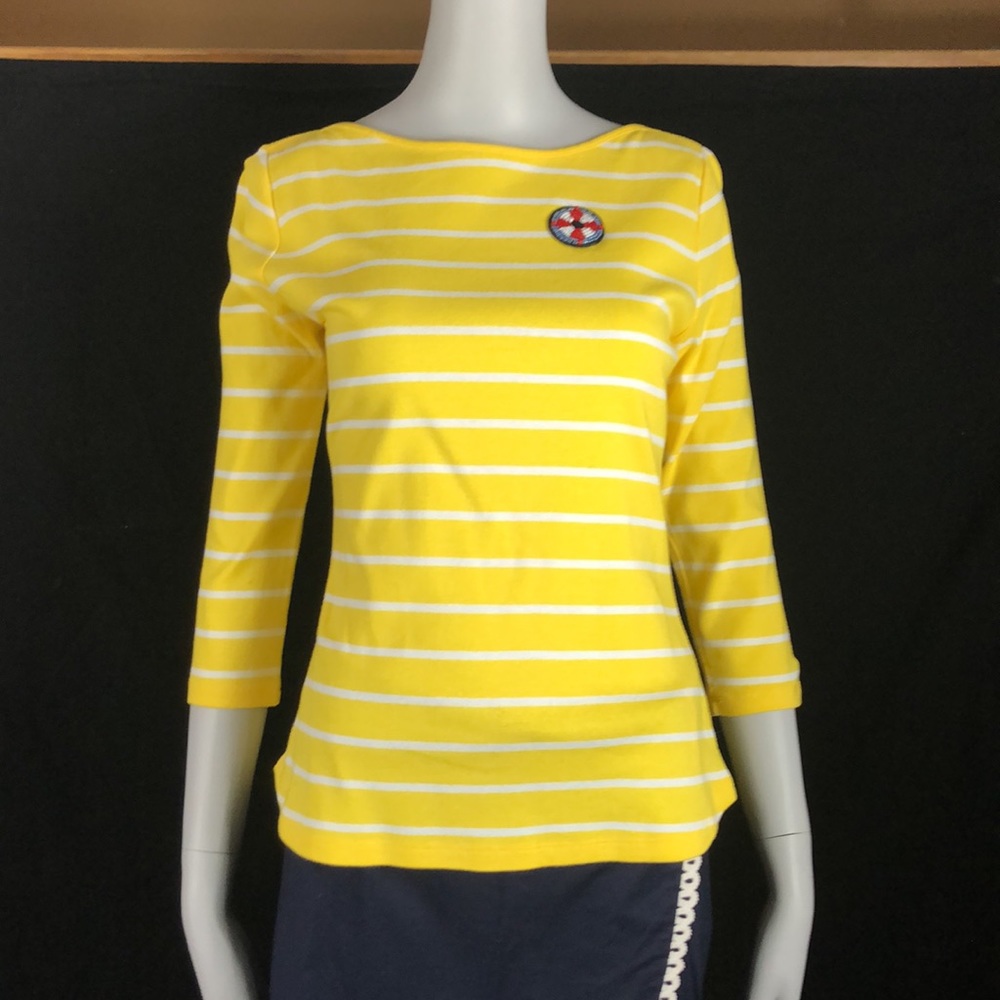 Talbots Classic Tee Yellow Striped Nautical w/Beaded Life Ring